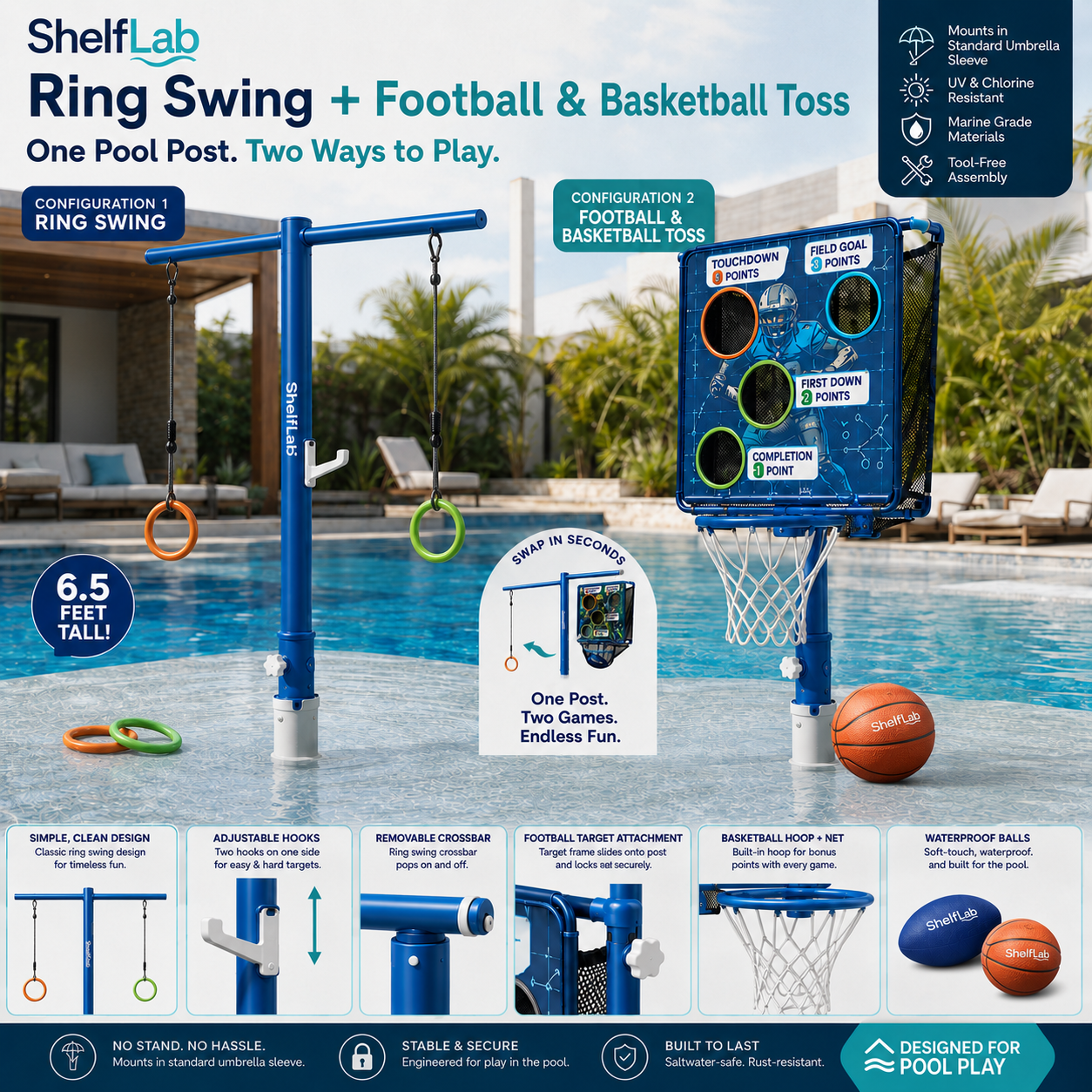 Score Shelf product rendering with ring swing and football basketball toss