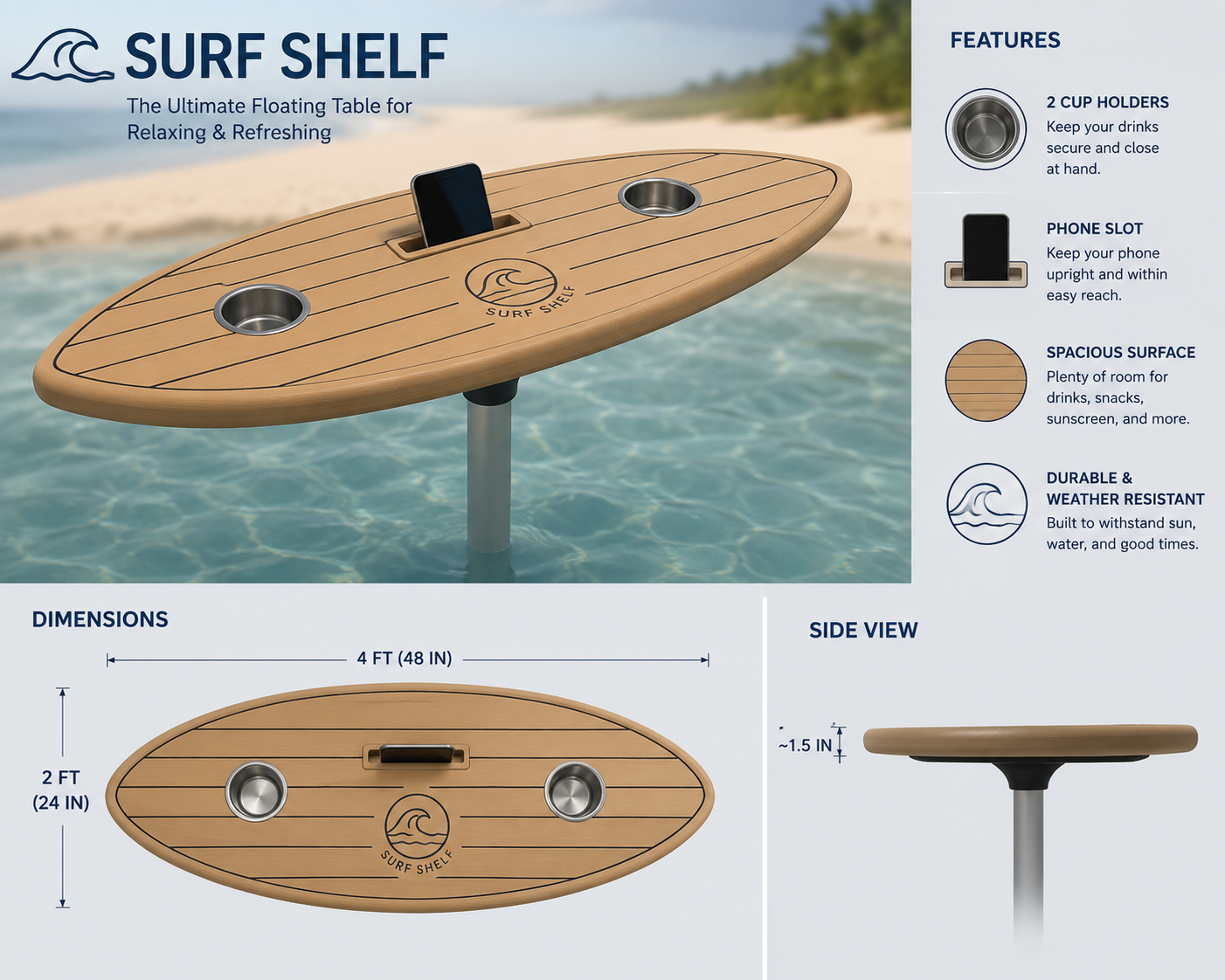 Surf Shelf surfboard-shaped pool table with two cupholders and a phone slot