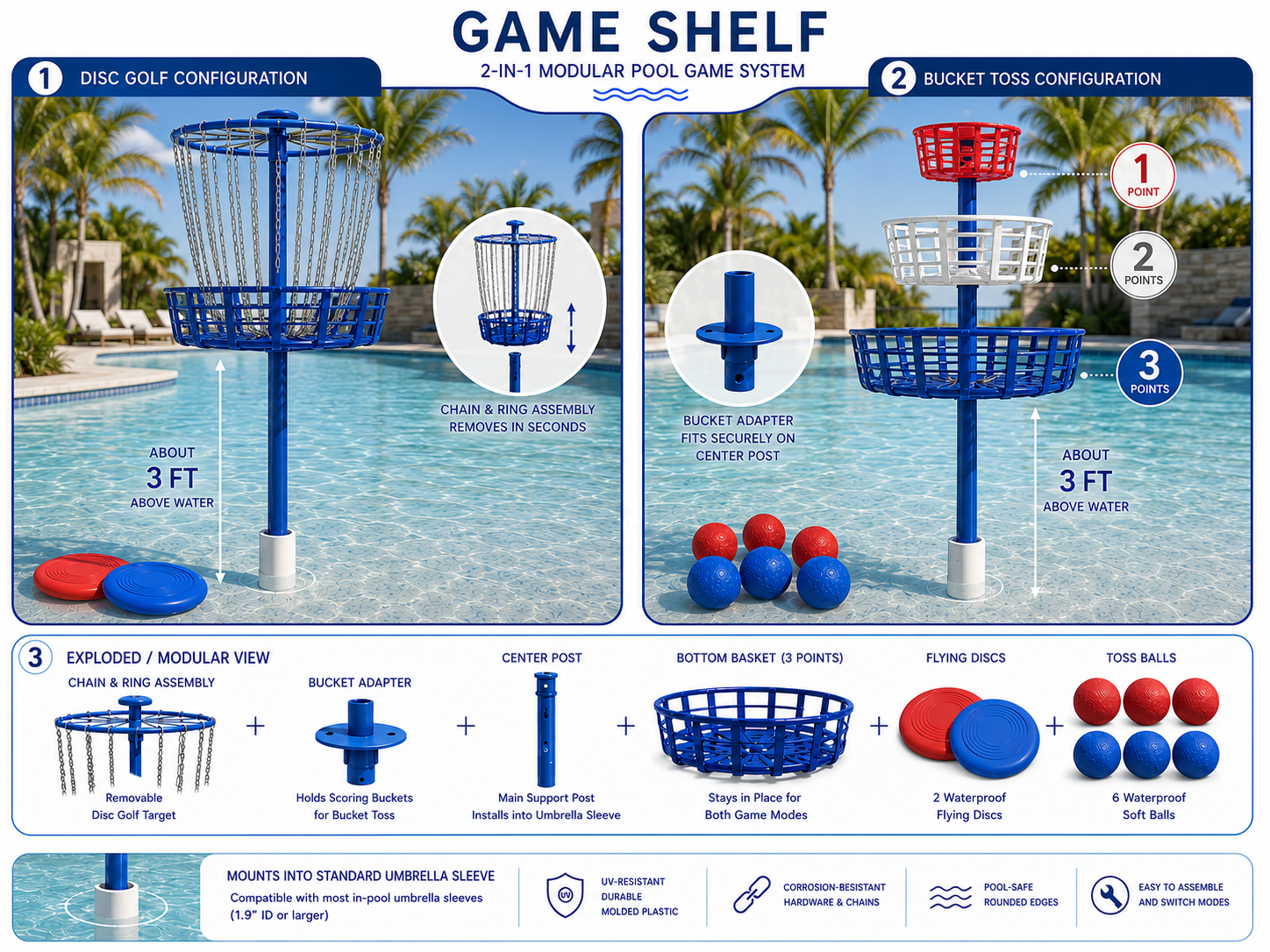 Toss Shelf product rendering with disc golf and bucket toss